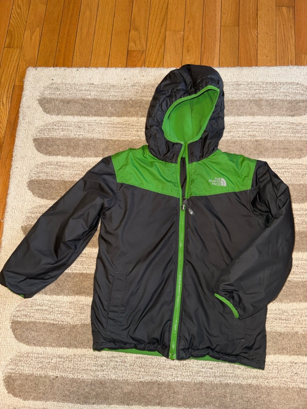 The North Face Black and Green Kids Hooded Puffer Jacket